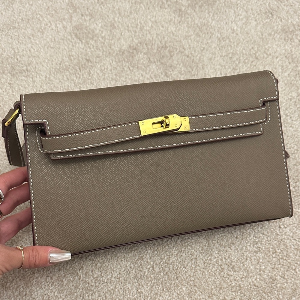 Kelly Style Taupe Shoulder Bag with Gold Belted Accent